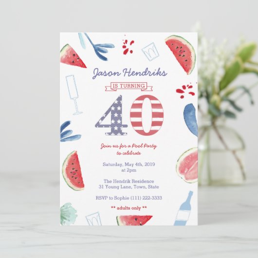 Verjaardagsfeestje voor volwassenen bij het zwemba kaart (Staand voorkant)