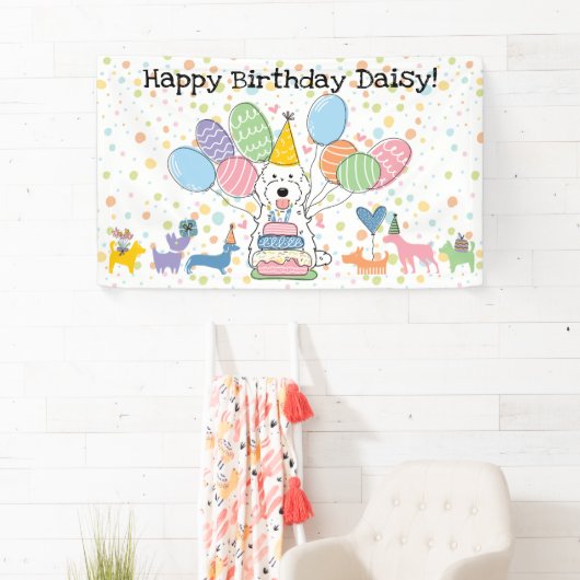 Verjaardagsfeestje voor witte Cockapoo Cavapoo-hon Spandoek (Insitu)