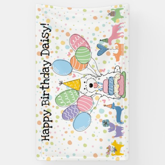 Verjaardagsfeestje voor witte Cockapoo Cavapoo-hon Spandoek (Verticaal)