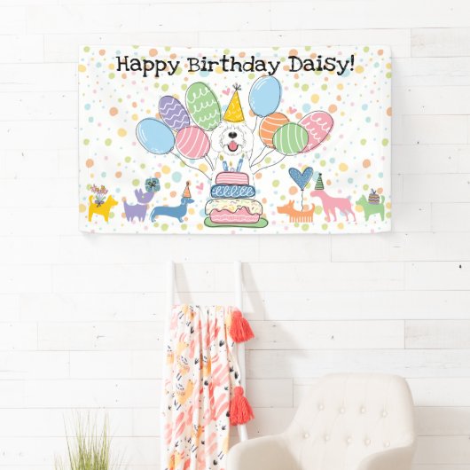 Verjaardagsfeestje voor witte Sheepadoodle-hond Spandoek (Insitu)