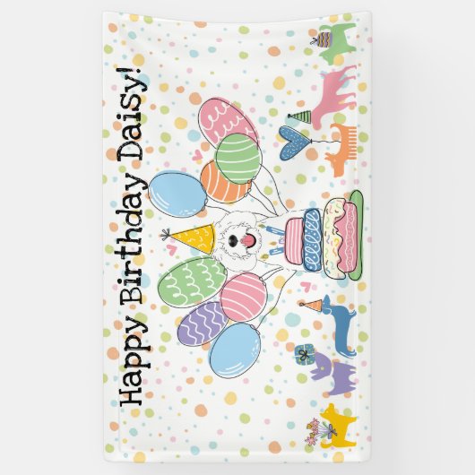 Verjaardagsfeestje voor witte Sheepadoodle-hond Spandoek (Verticaal)