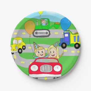 Verjaardagsfeestje vrachtwagens, tractoren en auto papieren bordje