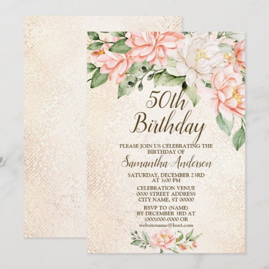 Verjaardagsfeestje Waterverf Perzik Witte Bloemen Kaart (Voorkant / Achterkant)