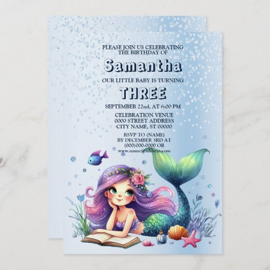 Verjaardagsfeestje Waterverf Zeemeermin Zeeleven C Kaart (Voorkant / Achterkant)
