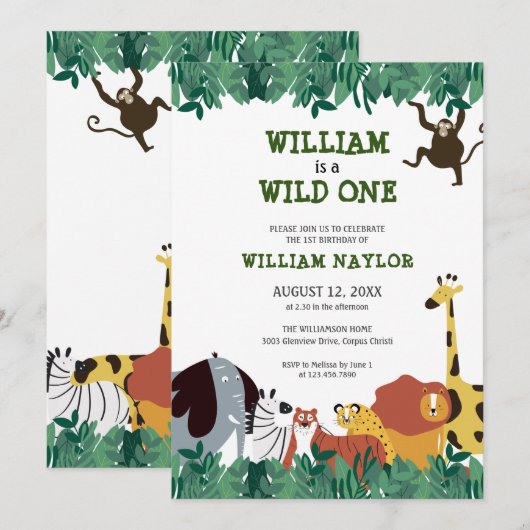 Verjaardagsfeestje 'Wilde Jungle Safari' Eerste Ve Kaart (Voorkant / Achterkant)