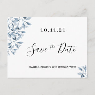 Verjaardagsfeestje wit blauwe botanische save the  briefkaart