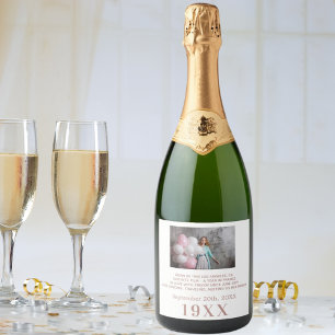 Verjaardagsfeestje wit rose goud jaar geboren foto sparkling wijnetiket