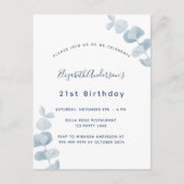 Verjaardagsfeestje wit stoffig blauwe eucalyptus uitnodiging briefkaart (Voorkant)