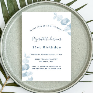 Verjaardagsfeestje wit stoffig blauwe eucalyptus uitnodiging briefkaart
