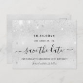 Verjaardagsfeestje zilver glitters metaal save the aankondigingskaart (Voorkant / Achterkant)
