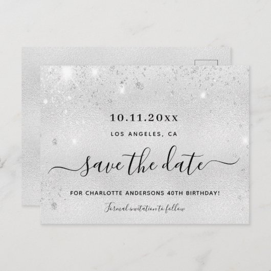 Verjaardagsfeestje zilver glitters metaal save the aankondigingskaart (Voorkant / Achterkant)