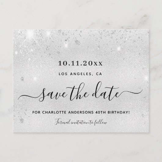 Verjaardagsfeestje zilver glitters metaal save the aankondigingskaart (Voorkant)