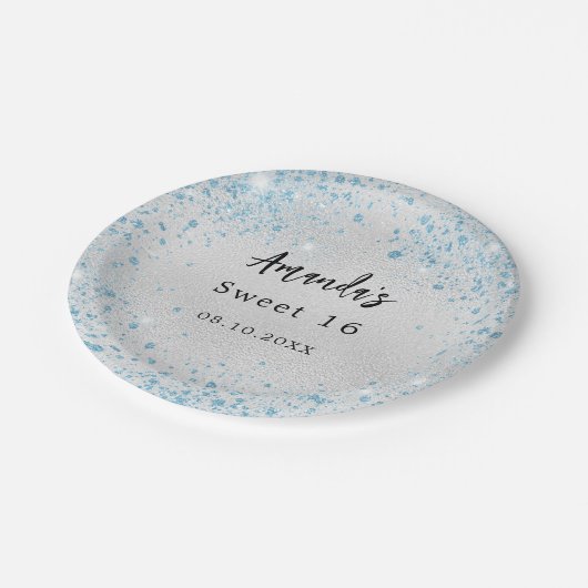 Verjaardagsfeestje zilveren blauwe glitter naam papieren bordje (Gekanteld)