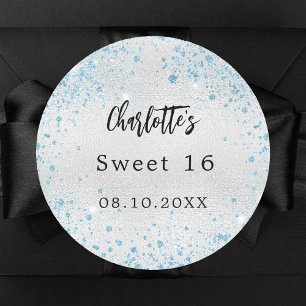 Verjaardagsfeestje zilveren blauwe glitter naam ronde sticker