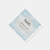 Verjaardagsfeestje zilveren blauwe glitter naam servet (Hoek)