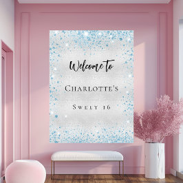 Verjaardagsfeestje zilveren blauwe glitter welkom poster