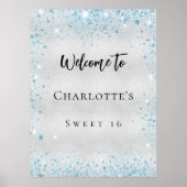 Verjaardagsfeestje zilveren blauwe glitter welkom poster (Voorkant)