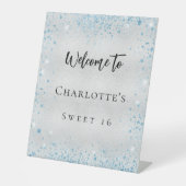 Verjaardagsfeestje zilveren blauwe glitter welkom reclamebord met voetstuk (Voorkant)