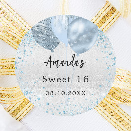 Verjaardagsfeestje zilveren blauwe glitterballonne ronde sticker