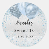 Verjaardagsfeestje zilveren blauwe glitterballonne ronde sticker (Voorkant)