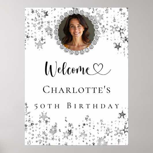 Verjaardagsfeestje zilveren sterren foto diamanten poster (Voorkant)