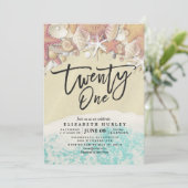 Verjaardagsfeestje zomer strand zeester schelp 21  kaart (Staand voorkant)