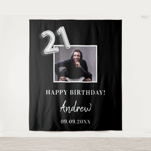 Verjaardagsfeestje zwart fotonaam man wandkleed (Voorkant)