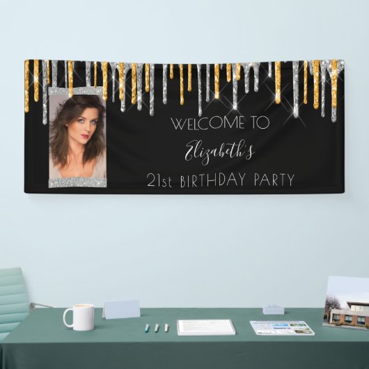Verjaardagsfeestje zwart goud zilver glitter foto spandoek (Beurs)
