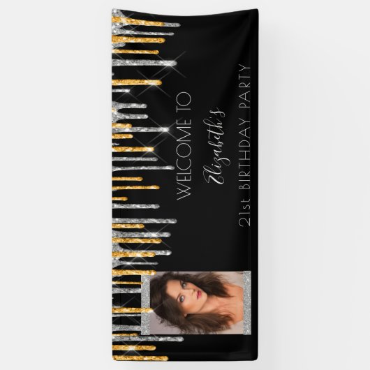 Verjaardagsfeestje zwart goud zilver glitter foto spandoek (Verticaal)