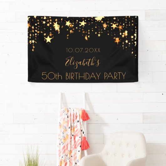 Verjaardagsfeestje zwart gouden sterren spandoek (Insitu)