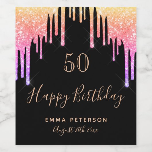 Verjaardagsfeestje zwart roze paarse gouden glitte wijn etiket (Enkel label)