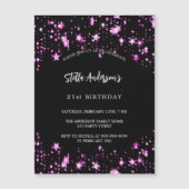 Verjaardagsfeestje zwart roze sterren luxe magnetische uitnodiging (Voorkant)