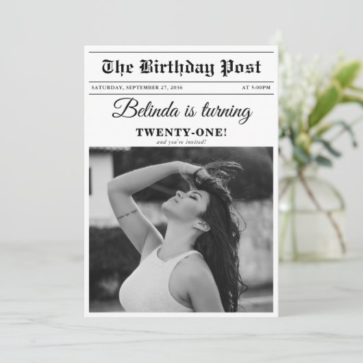 Verjaardagsfeestkrant Fun Black & White Foto Kaart (Staand voorkant)