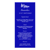 Verjaardagsfeestmenu koninklijk blauw leuke weetje reclamekaart (Achterkant)