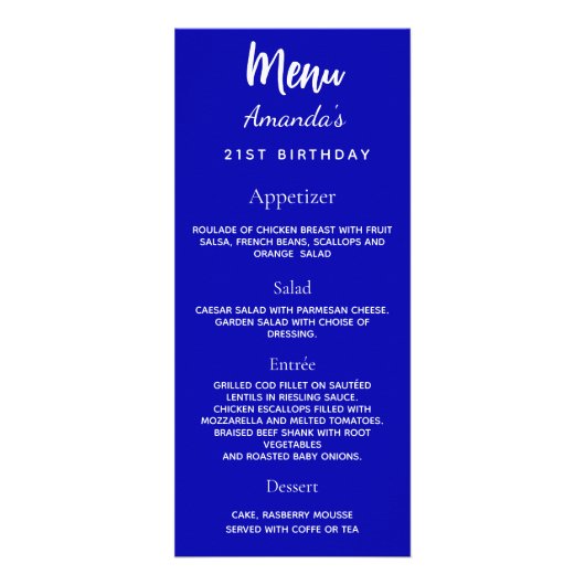 Verjaardagsfeestmenu koninklijk blauw leuke weetje reclamekaart (Achterkant)