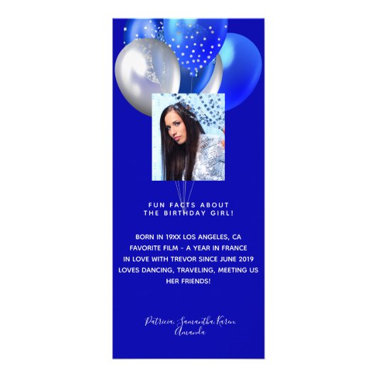 Verjaardagsfeestmenu koninklijke blauwe ballonnen  reclamekaart (Voorkant)