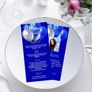 Verjaardagsfeestmenu koninklijke blauwe ballonnen reclamekaart