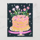 Verjaardagsfeesttaart met roze bloemen Gouache  Briefkaart (Voorkant)