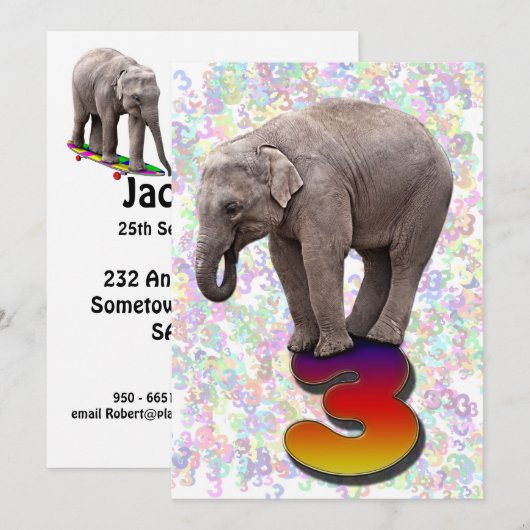 Verjaardagsfeestuitnodiging 3, met gelukkige olifa kaart (Voorkant / Achterkant)
