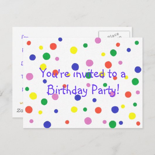 Verjaardagsfeestuitnodiging, kleurrijke stippen, b uitnodiging briefkaart (Voorkant / Achterkant)