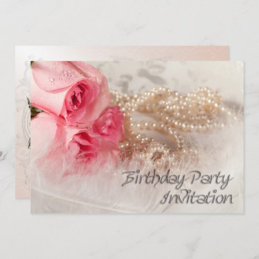 Verjaardagsfeestuitnodiging met rozen en parels kaart (Voorkant / Achterkant)