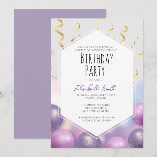 Verjaardagsfeestuitnodiging Sjabloon met ballonnen Kaart (Voorkant / Achterkant)