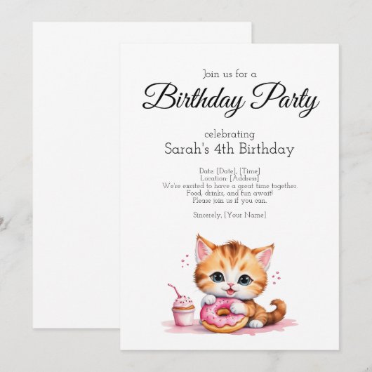 Verjaardagsfeestuitnodiging, waterkleur baby cat kaart (Voorkant / Achterkant)
