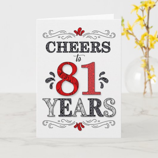 Verjaardagsfelicitaties 81 in rood wit zwart patro kaart (Gele Bloem)