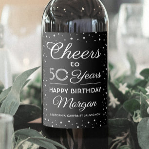 Verjaardagsfelicitaties Elegant Zwart & Wit Confet Wijn Etiket