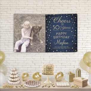 Verjaardagsfelicitaties Navy Blue Gouden Confetti Spandoek