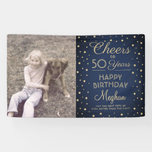 Verjaardagsfelicitaties Navy Blue Gouden Confetti Spandoek