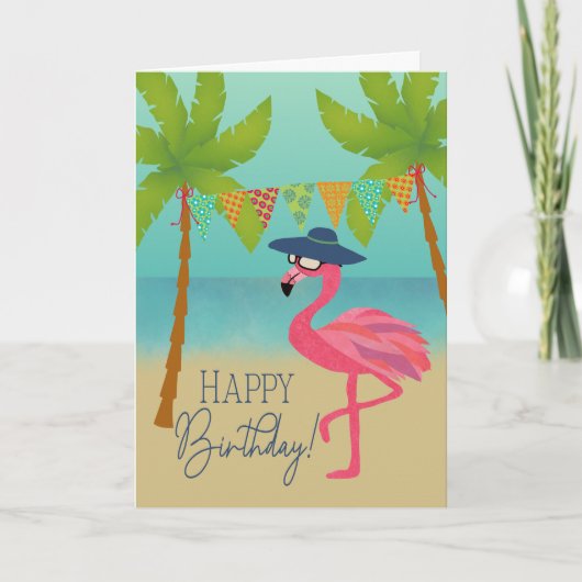 Verjaardagsflamingo op het strand kaart (Voorkant)