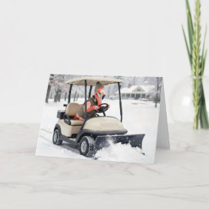 Verjaardagsflamingo rijdt golfkar met sneeuwschuiv kaart