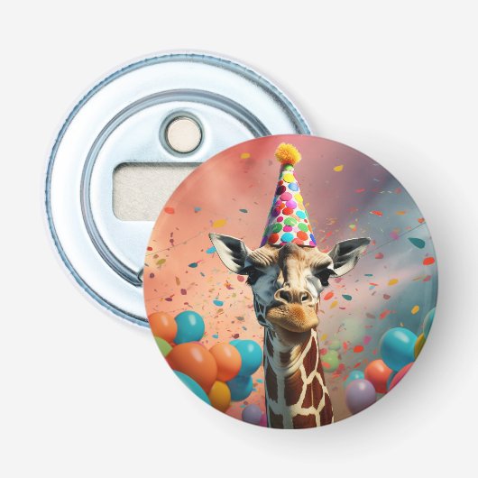 Verjaardagsflesopener giraffe, leuk button flesopener (Voorkant)